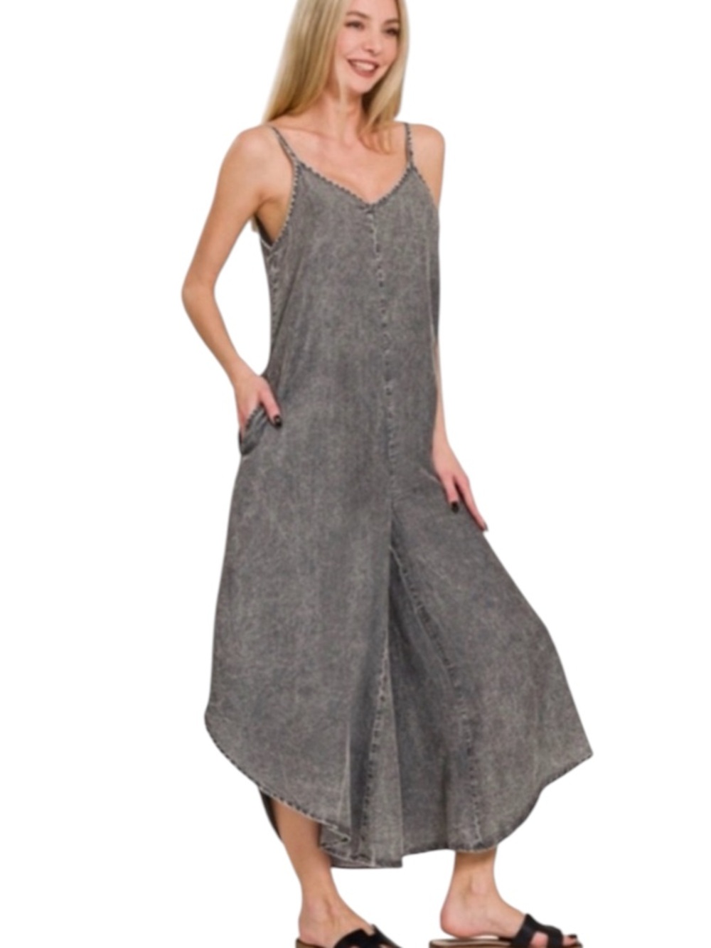 Zenana Large Washed Grey Spaghetti-Strap Wide-Leg Lyocell Jumpsuit